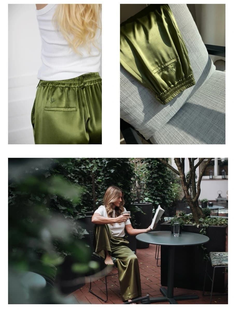 A collage showing the Signature Edit Green Lounge Trousers — waistband detail, hem close-up, and worn outdoors while reading.